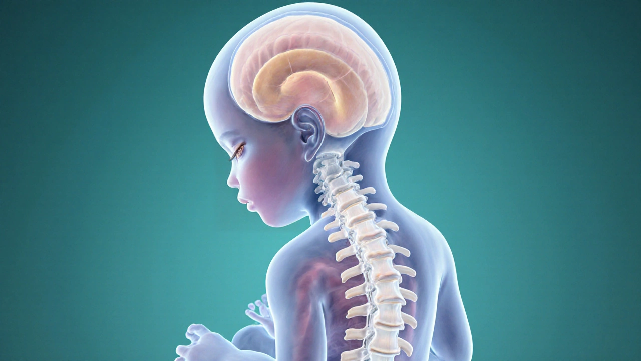 3D rendering of a fetus displaying spinal opening and banana sign sign.