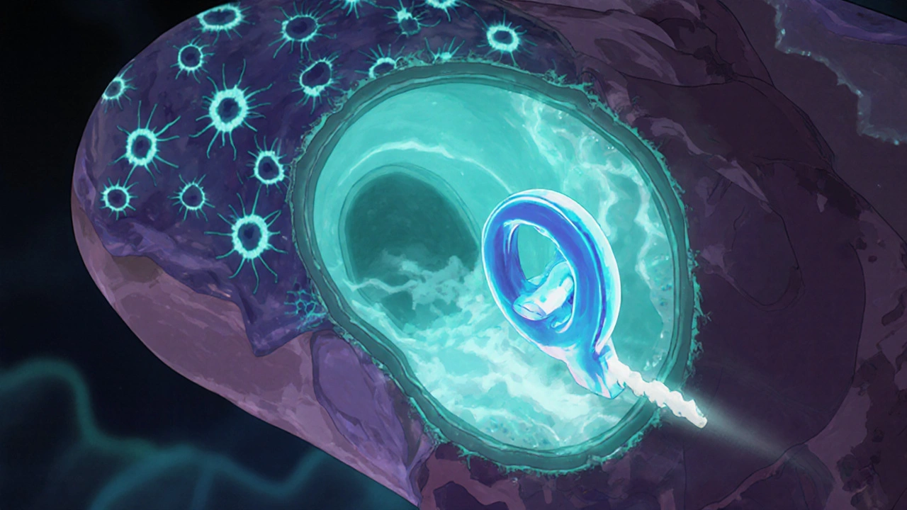 Animated view of a kidney cell where Tolvaptan blocks water channels.