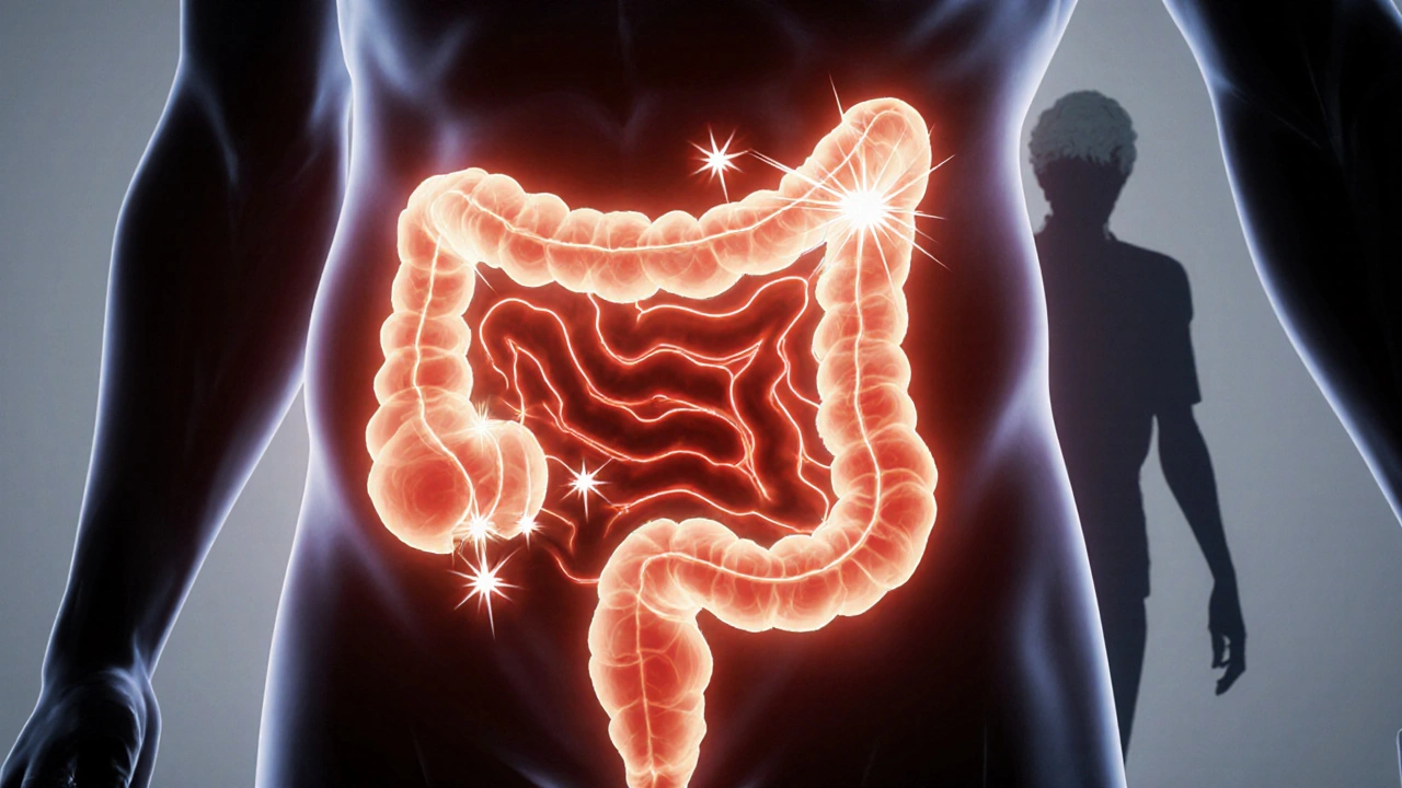Animated view of colon muscles contracting with pain highlights.