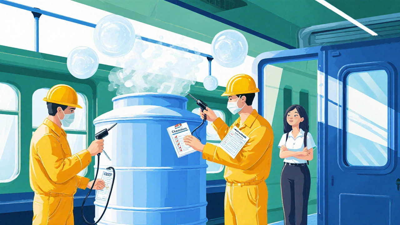 Cartoon of maintenance crew cleaning a bus water system while a passenger sits near a fresh‑air door.