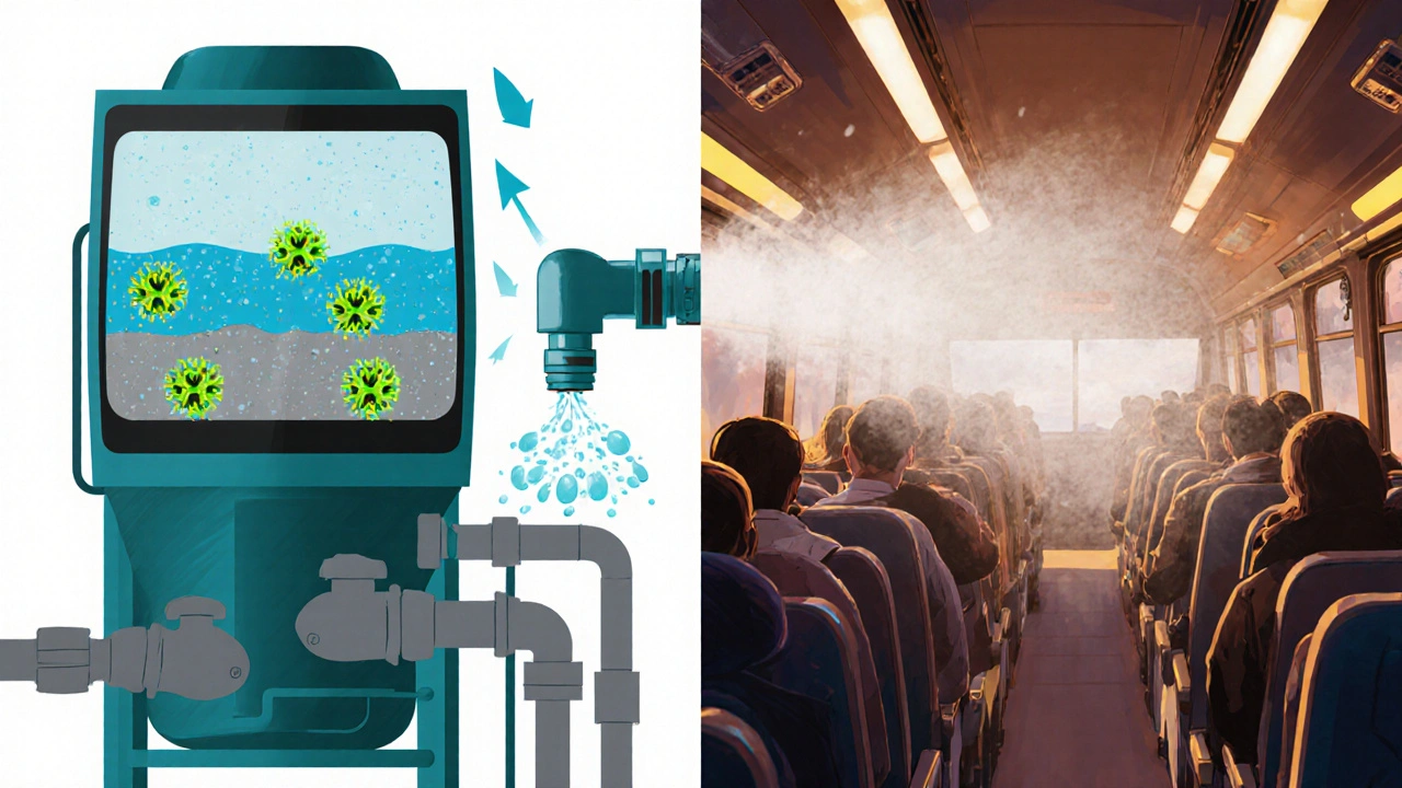 Cartoon split view of a bus cooling system breeding Legionella and cabin air spreading droplets to passengers.