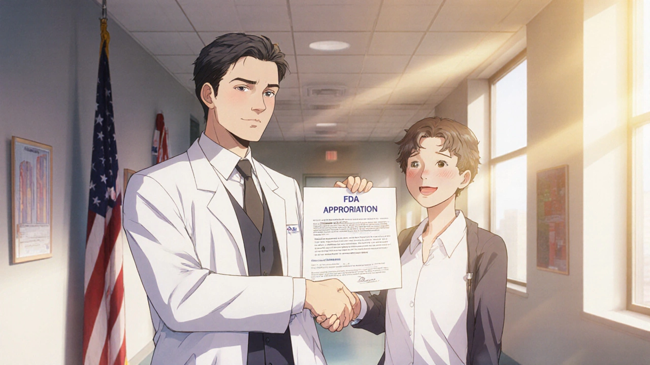 Celebratory scene of doctors receiving FDA approval for a kidney therapy.