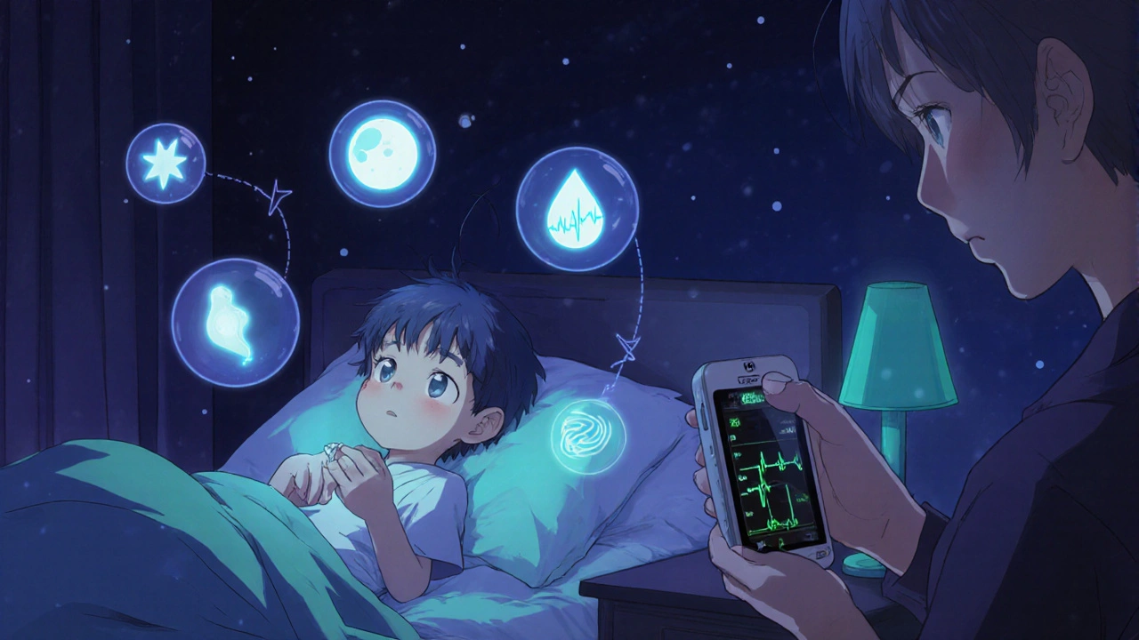 Child in bed holding a tablet with dream icons, parent checks ECG monitor.