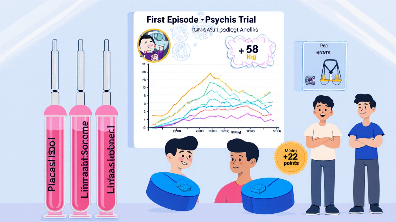 Clinic scene comparing Lurasidone and placebo groups with PANSS score chart.