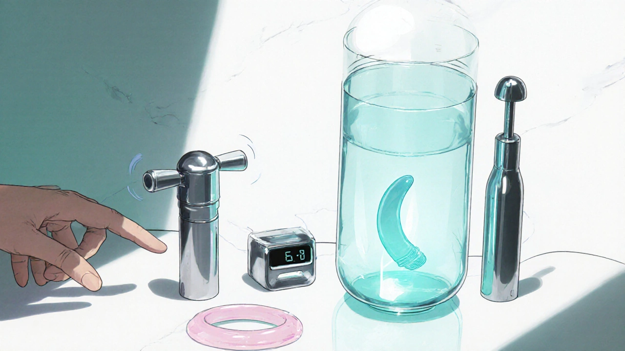 Close-up of a vacuum erectile device set on a bathroom counter with a hand reaching toward it.