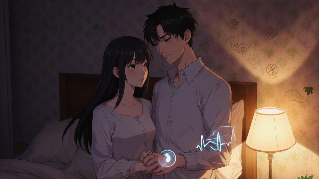 Couple standing together in a warm-lit bedroom, the man wearing a tension ring, both smiling.
