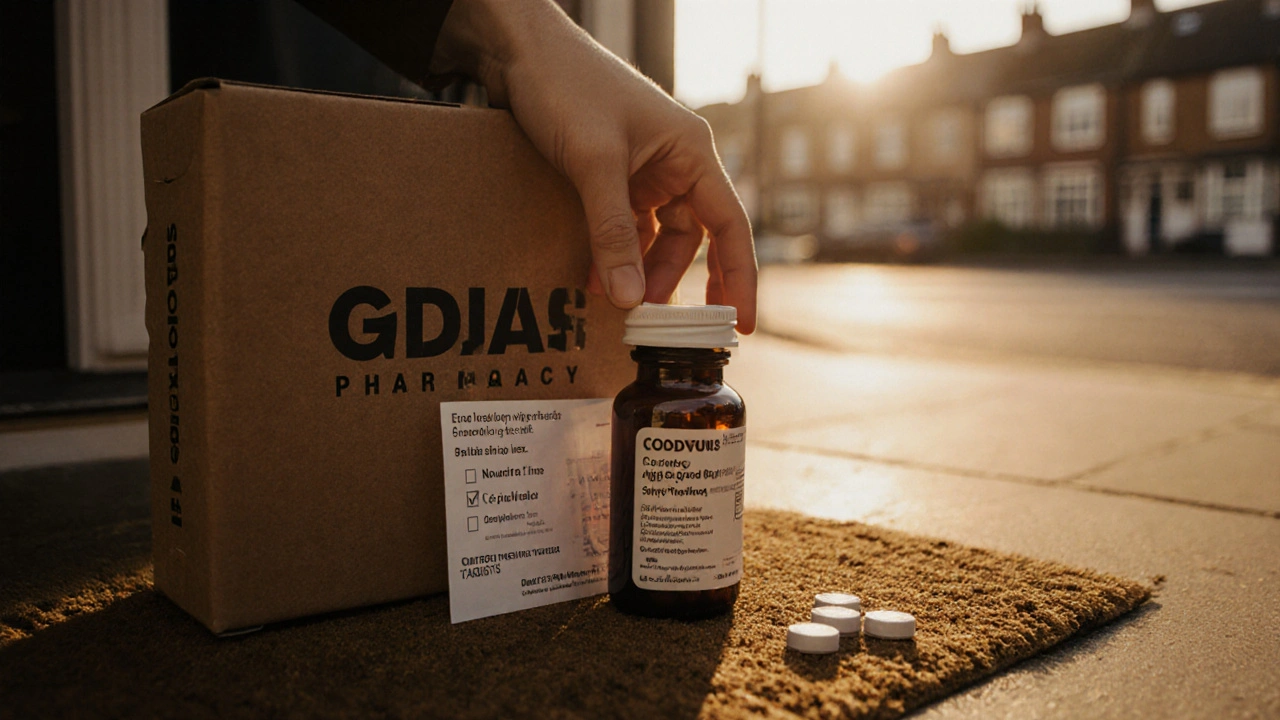 Delivered parcel on a doorstep containing labeled generic acyclovir and a safety checklist.