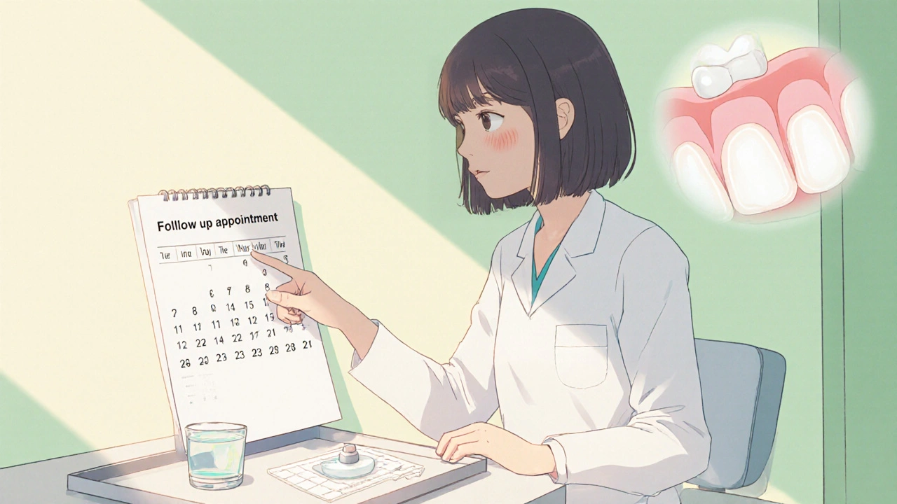 Dentist counseling a patient, showing a calendar, water glass, and a secnidazole tablet.