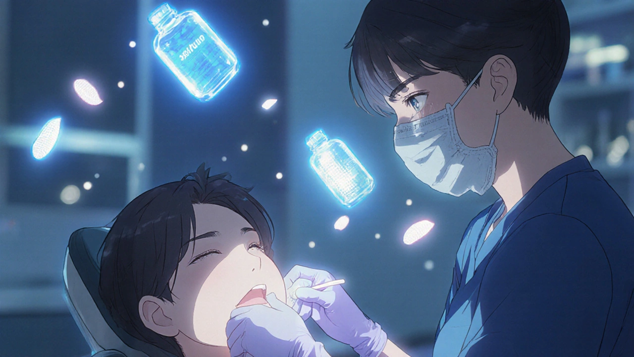 Dentist examining patient's mouth in clinic, glowing saliva substitutes and thrush warning signs in air.