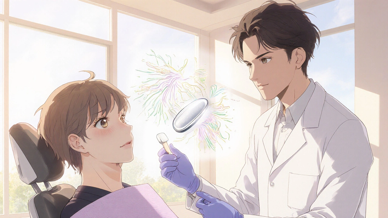 Dentist gives a single secnidazole tablet to a patient in a bright dental clinic.