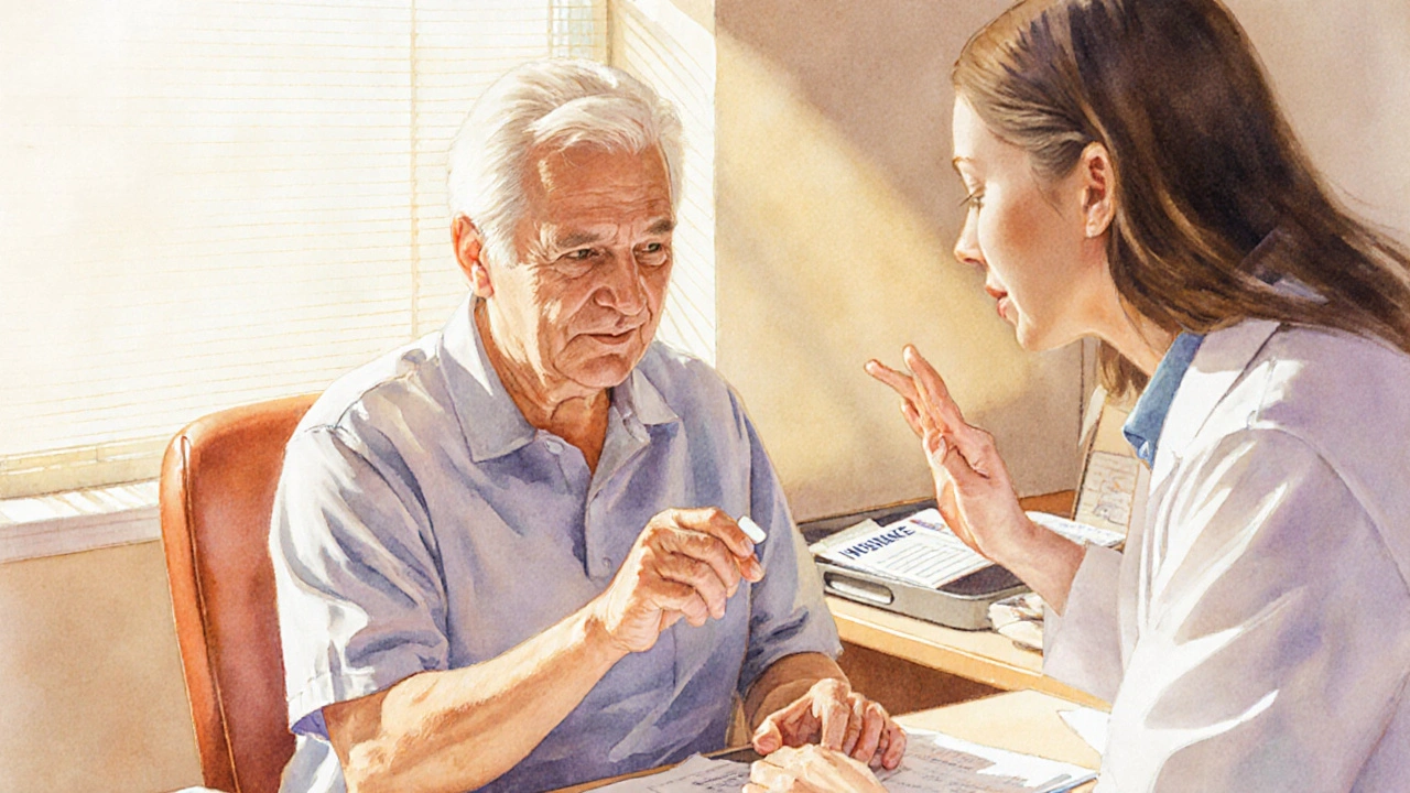 Doctor and patient reviewing a pill in a warm, watercolor clinic scene.