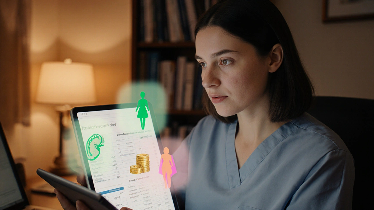 Doctor reviewing patient data with icons for kidney, pregnancy, and cost.