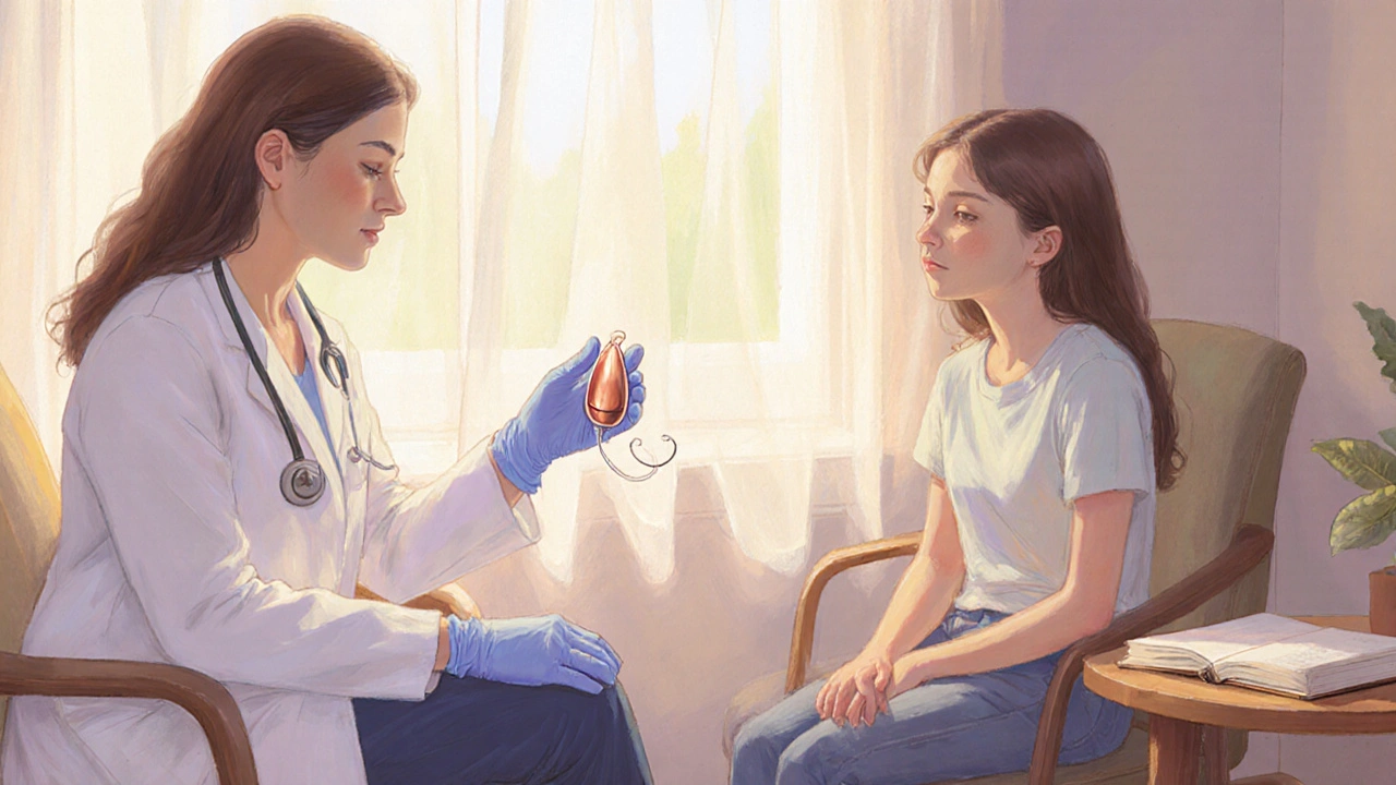 Doctor showing a copper IUD to a teen girl in a softly lit consultation room.