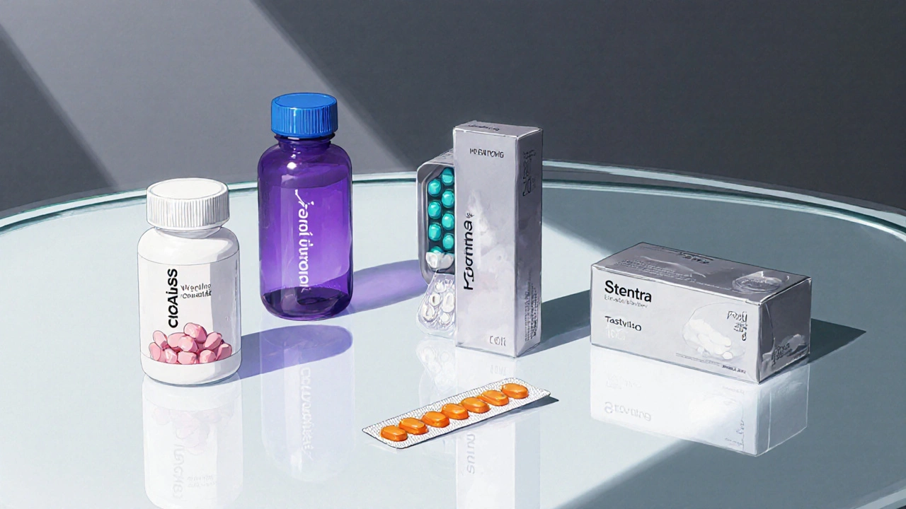 Elegant glass table displaying various ED tablets and a Tastylia oral strip.