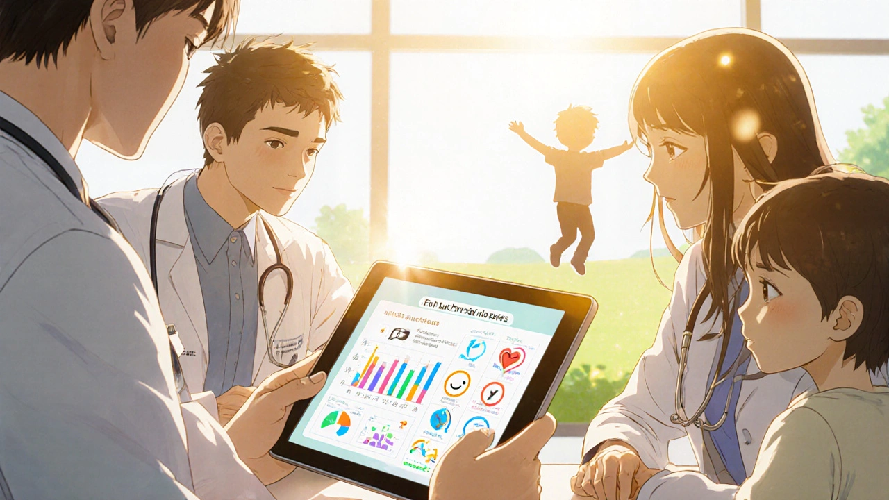Family reviews symptom diary showing improved movement and safety checks.