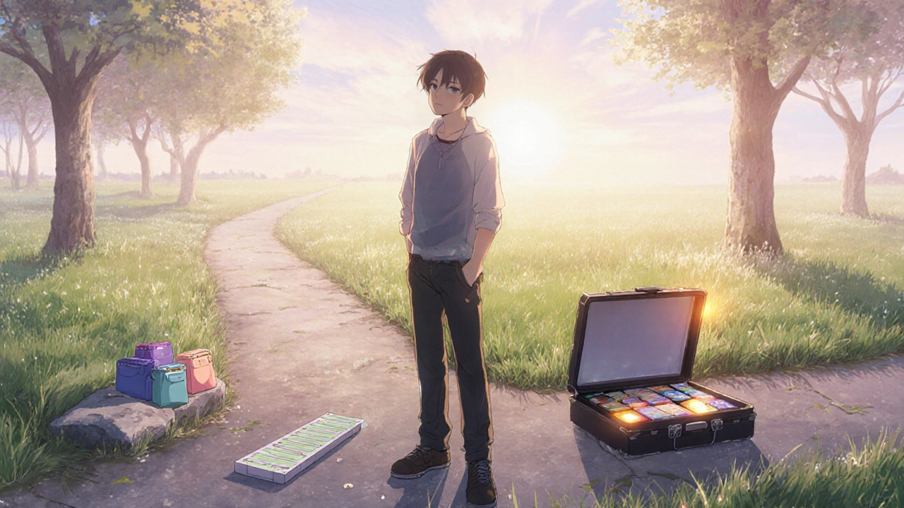 Figure at a sunrise crossroads choosing between a discreet strip and tablets.