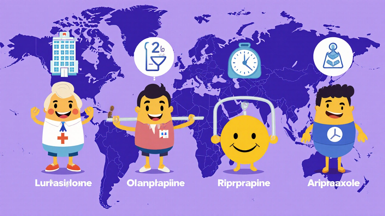 Four drug mascots with icons for hospitalization, weight gain, and quality of life.