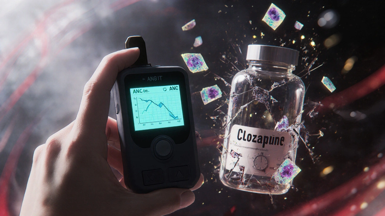 Hand holding blood test device showing dropping ANC, clozapine pill shattering into neutrophil fragments.