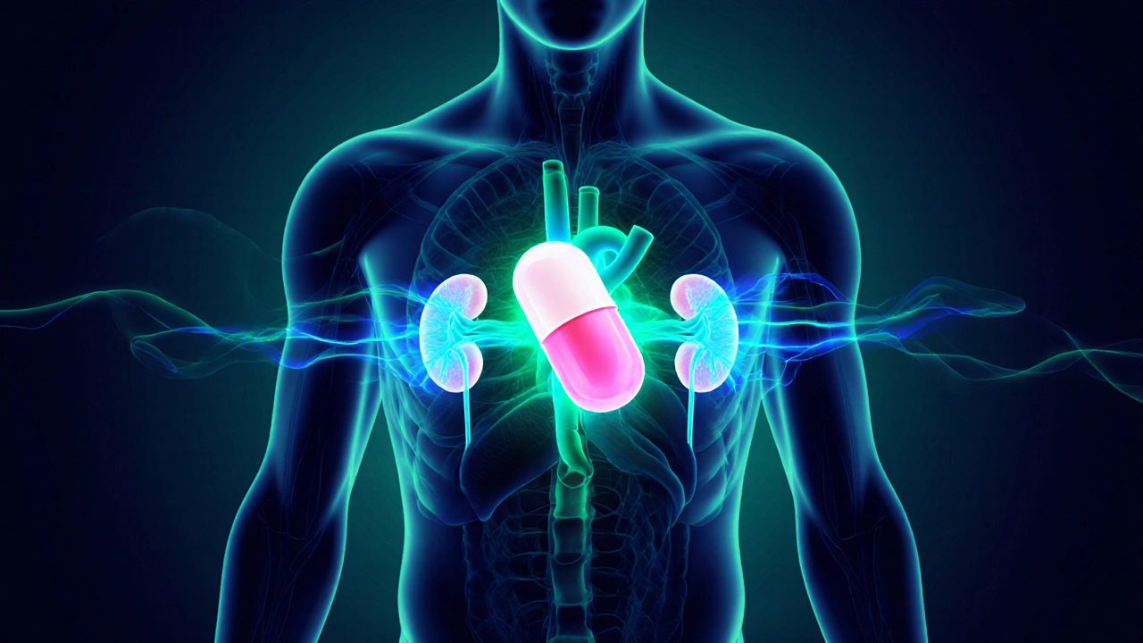 Illustrated heart and kidneys glowing as a translucent pill releases protective energy.