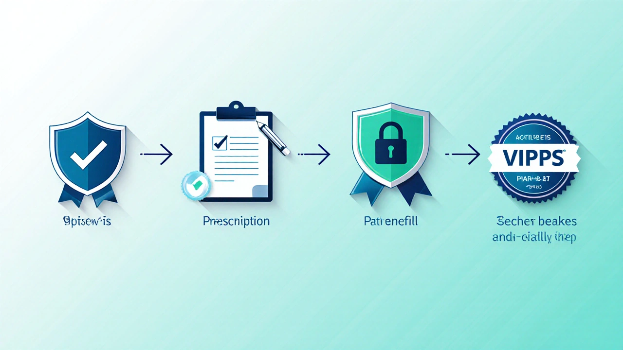 Illustrated icons showing steps to verify an online pharmacy.