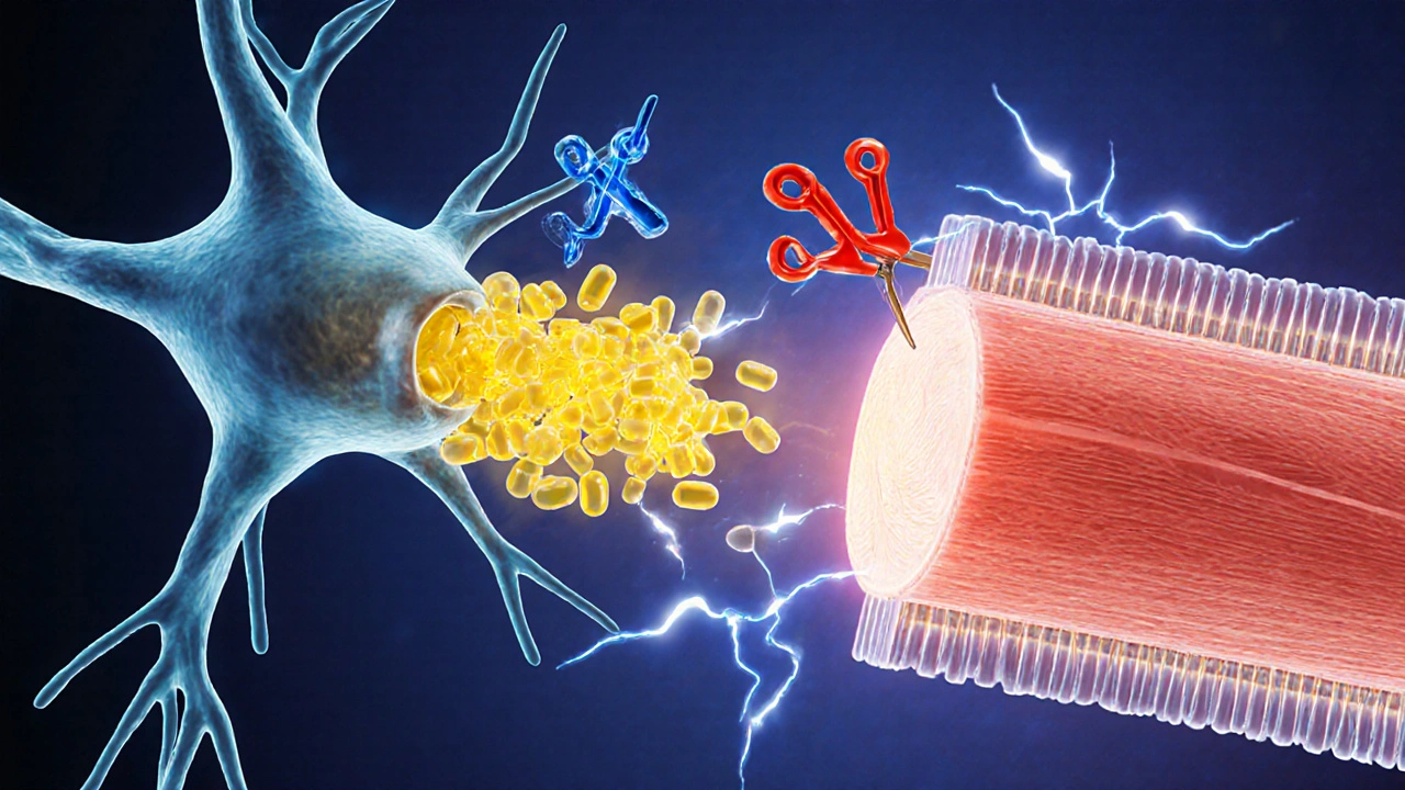 Illustration of a neuromuscular junction showing pyridostigmine blocking acetylcholinesterase.