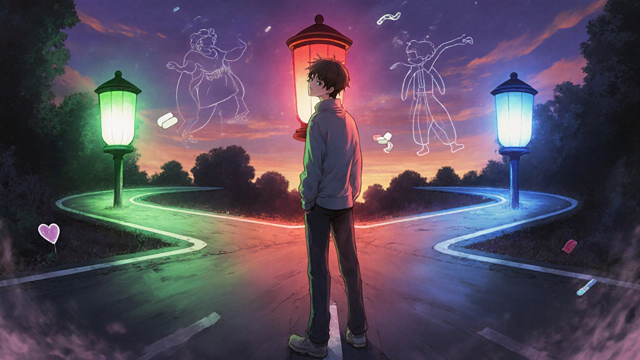 Man at a dusk crossroads with three lit paths representing different ED medication options.