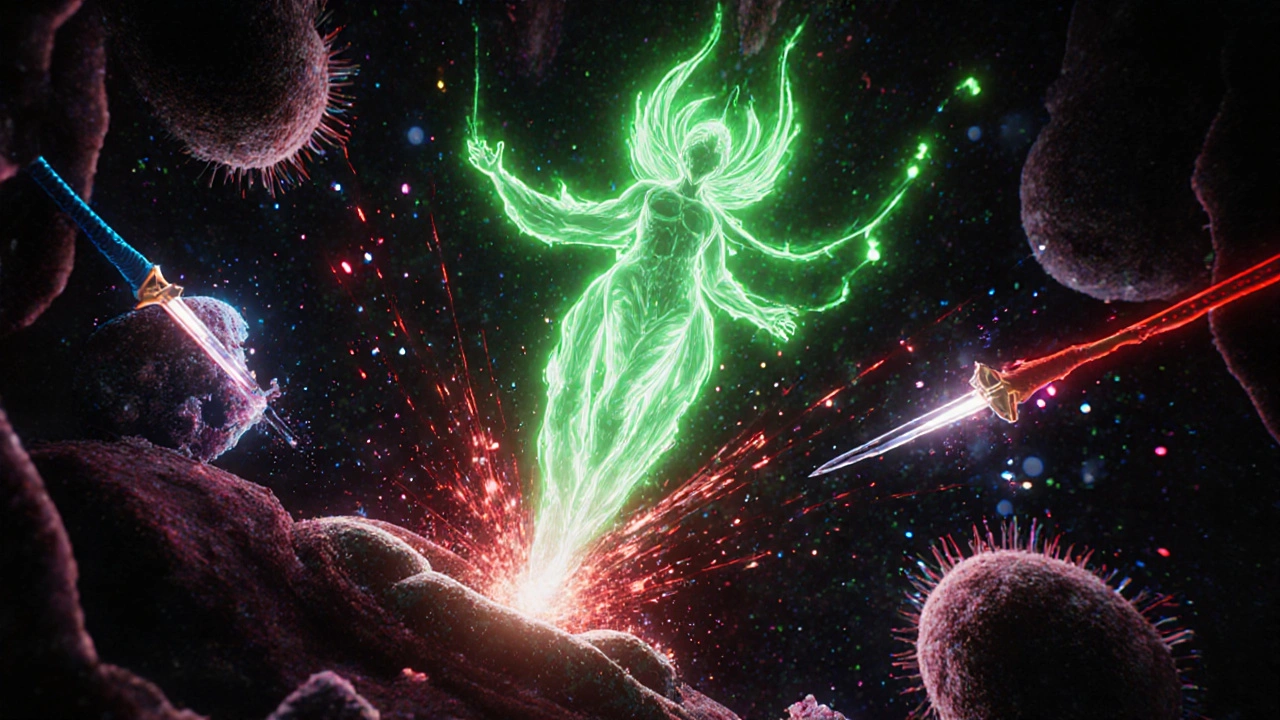 Nrf2 spirit entering nucleus while antibodies attack Aquaporin‑4 channels.