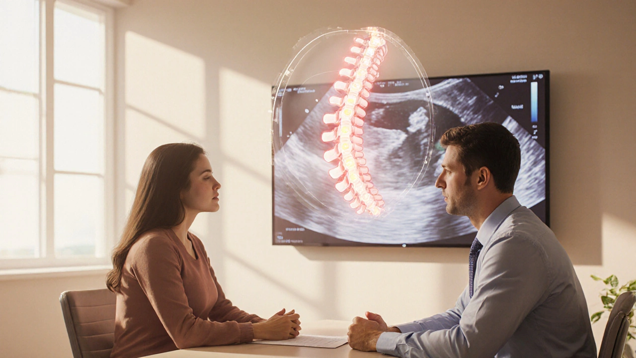 Parents consulting a specialist with a holographic fetal spine model.
