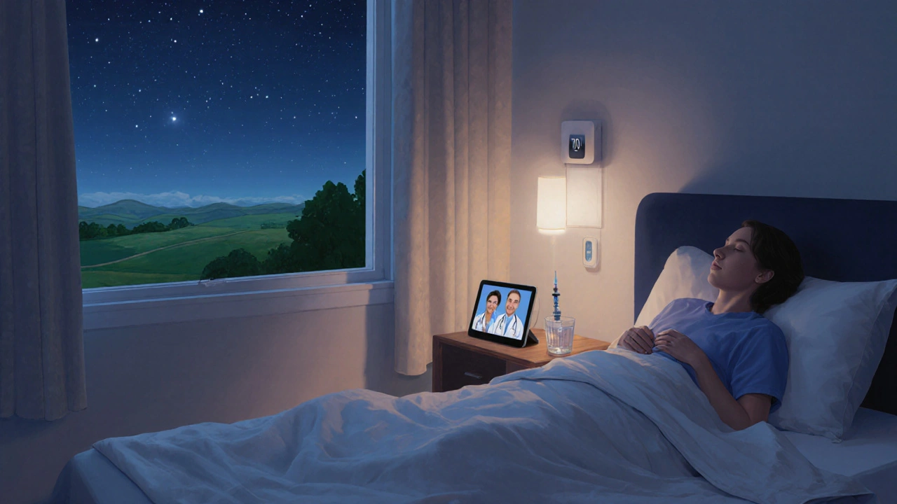 Patient in a cool bedroom using telehealth, with vaccine vial and air monitor.