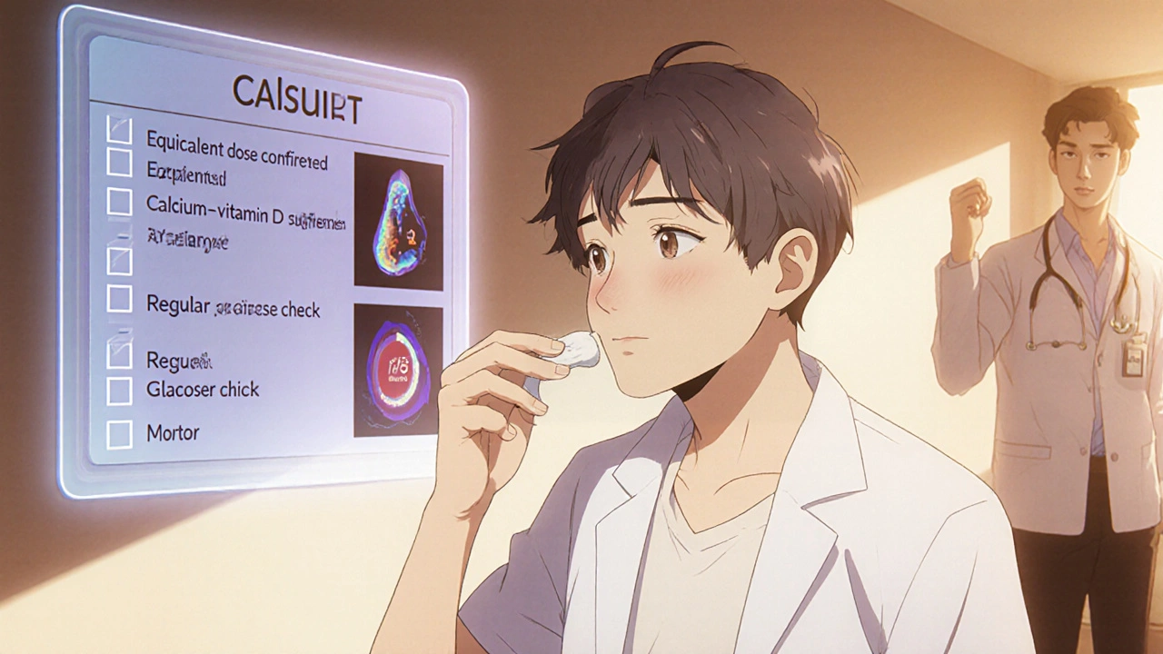 Patient smiles taking Calcort tablet, with checklist and health monitors displayed behind.
