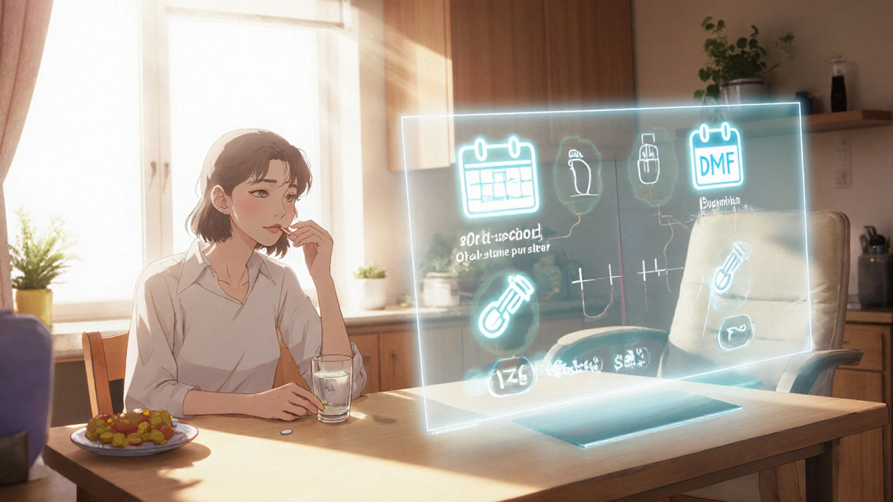 Patient taking DMF pills with holographic comparison of oral and infusion therapies.
