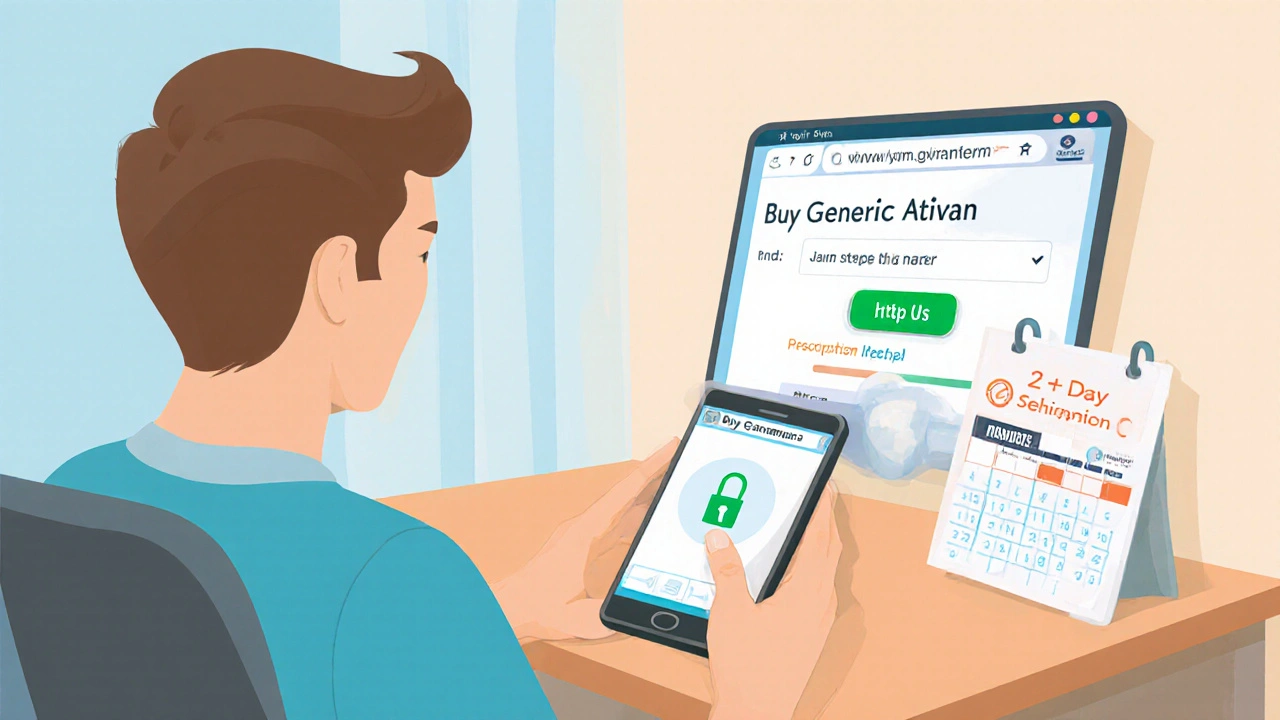 Person at desk reviewing secure online pharmacy page with prescription upload option.