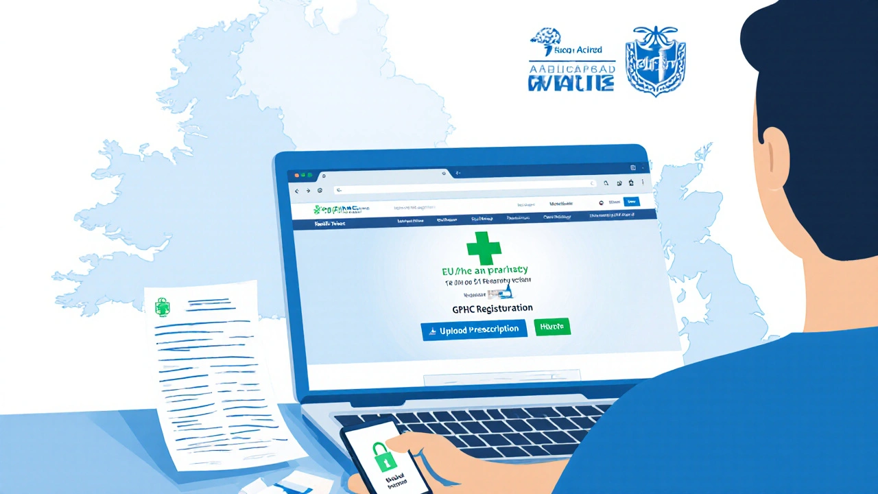 Person at desk using a laptop to upload a prescription on a licensed UK online pharmacy site.