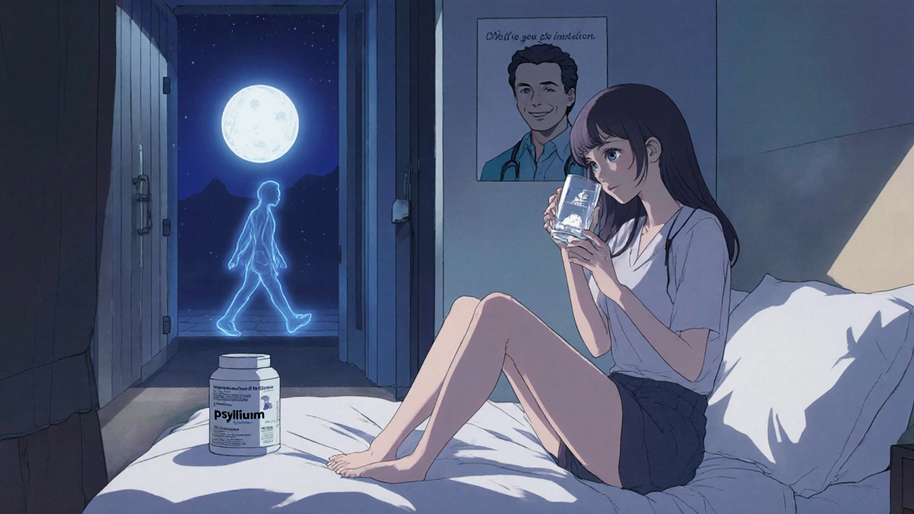 Person drinking water and taking fiber at night, feeling relief.