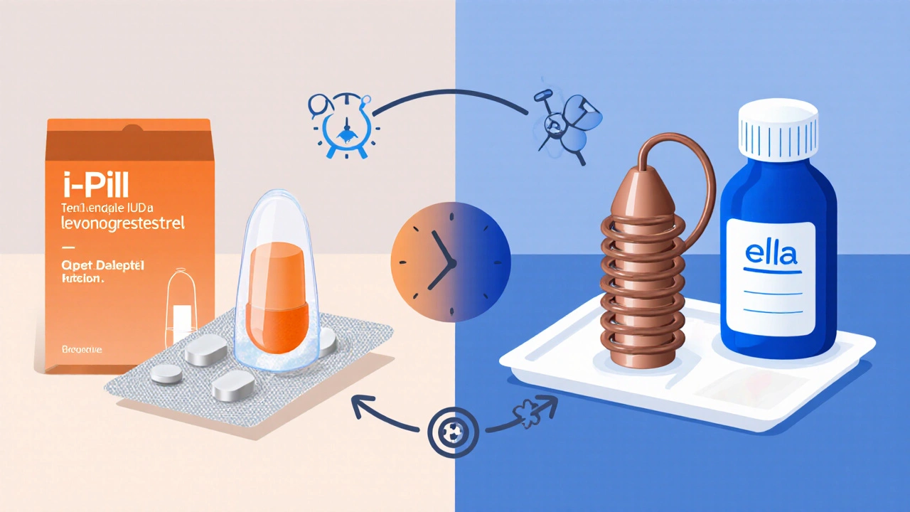Side‑by‑side view of I‑Pill tablets and a copper IUD on a medical tray.