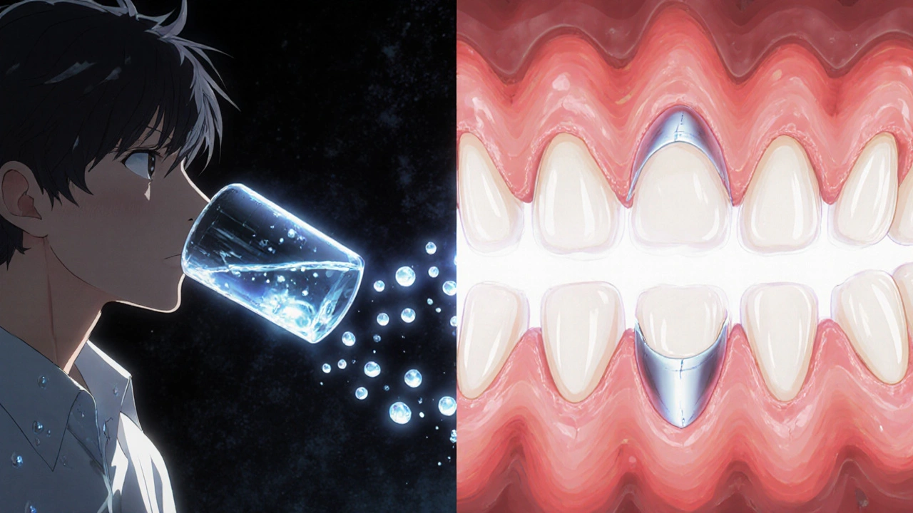 Split scene: person sipping water and teeth transforming from decay to healthy enamel with protective shields.