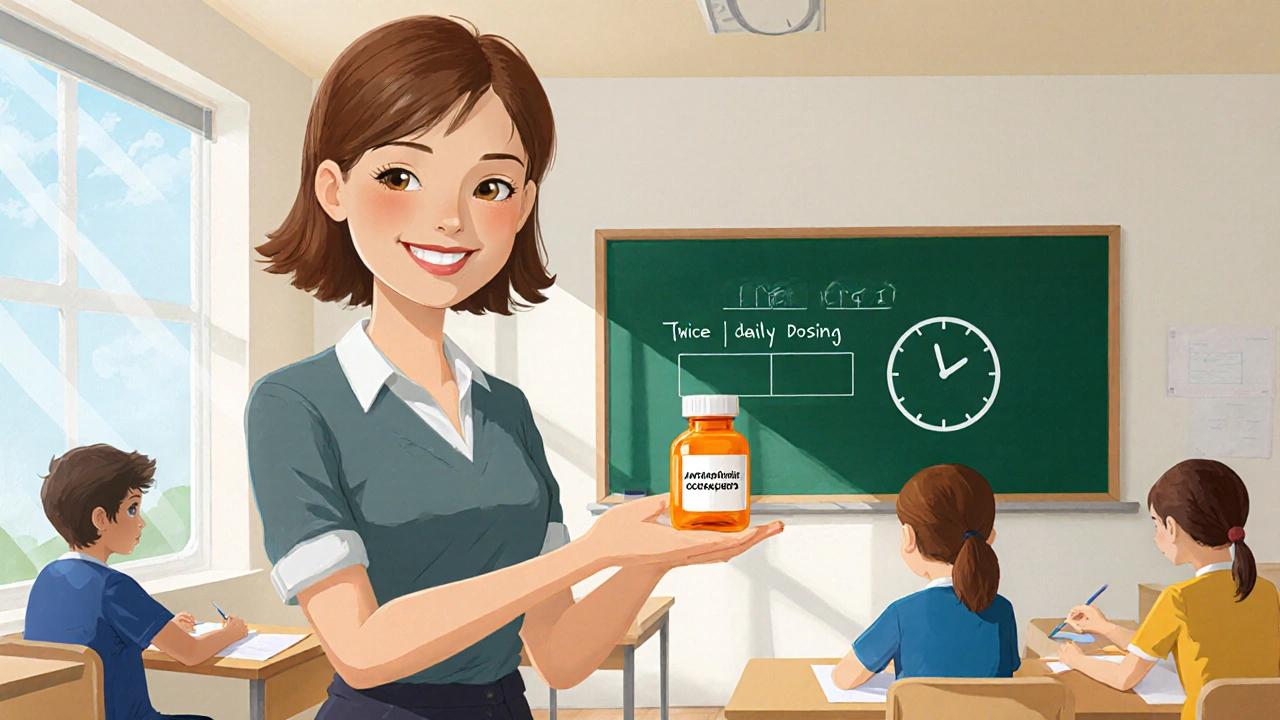 Teacher holding Amifampridine bottle in a sunny classroom, looking confident.