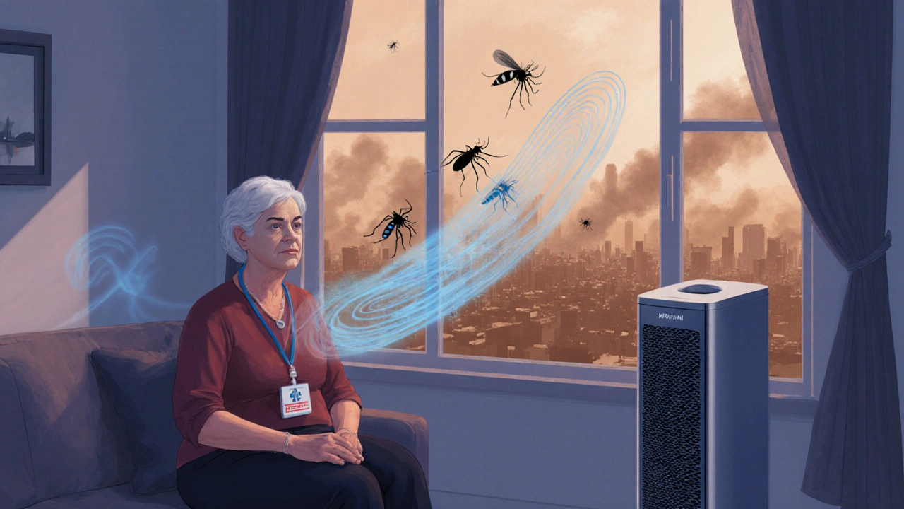 Woman inside a room with HEPA filter looking out at polluted skyline and insects.