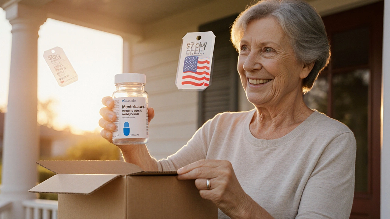Woman opening a package with a bottle of generic asthma tablets, looking relieved.