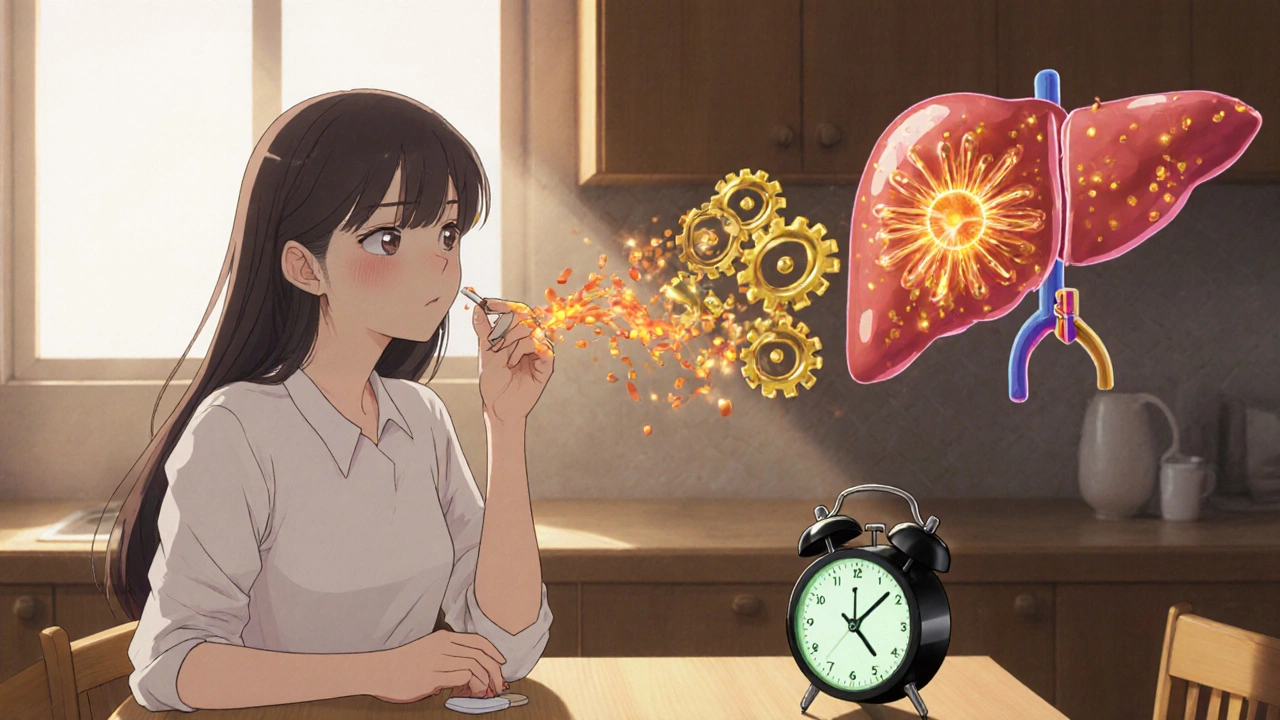 Woman taking a tablet while a liver transforms it into active metabolites.