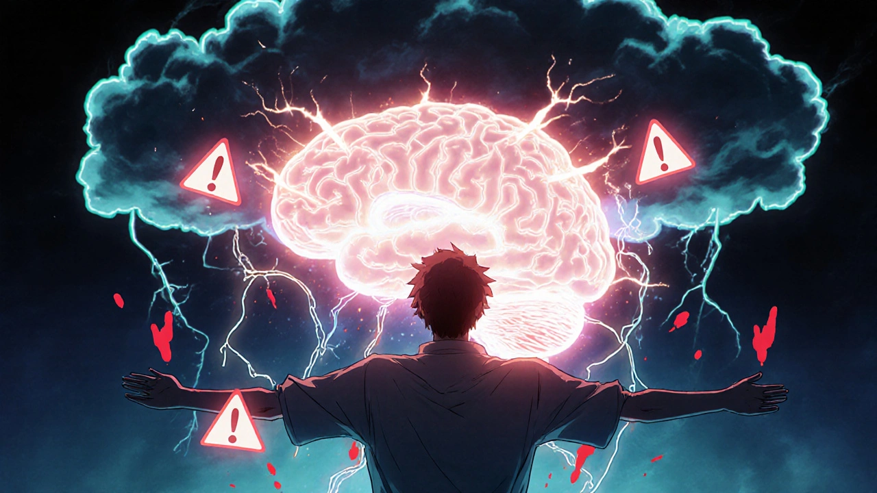 A brain with glowing serotonin pathways overloaded, causing ripple effects on body systems, with warning symbols pulsing.