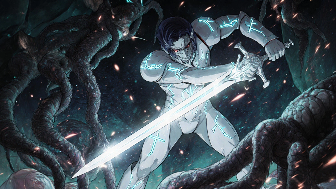 A heroic figure in armor fighting parasitic monsters inside a glowing human body.