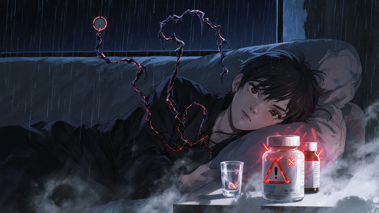 A man slumped on a couch with dark energy surging from his body as prescription bottles glow ominously.