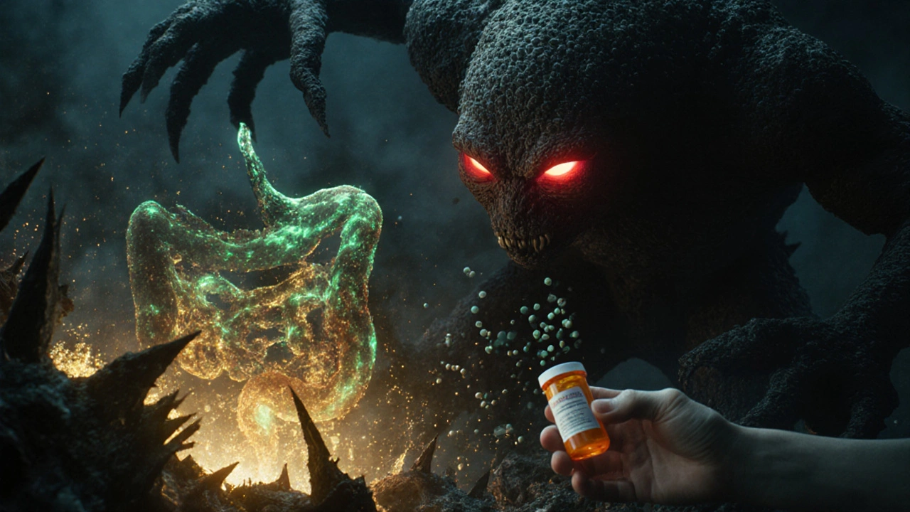 A monstrous C. difficile entity emerges from a destroyed gut microbiome as antibiotics attack beneficial bacteria.