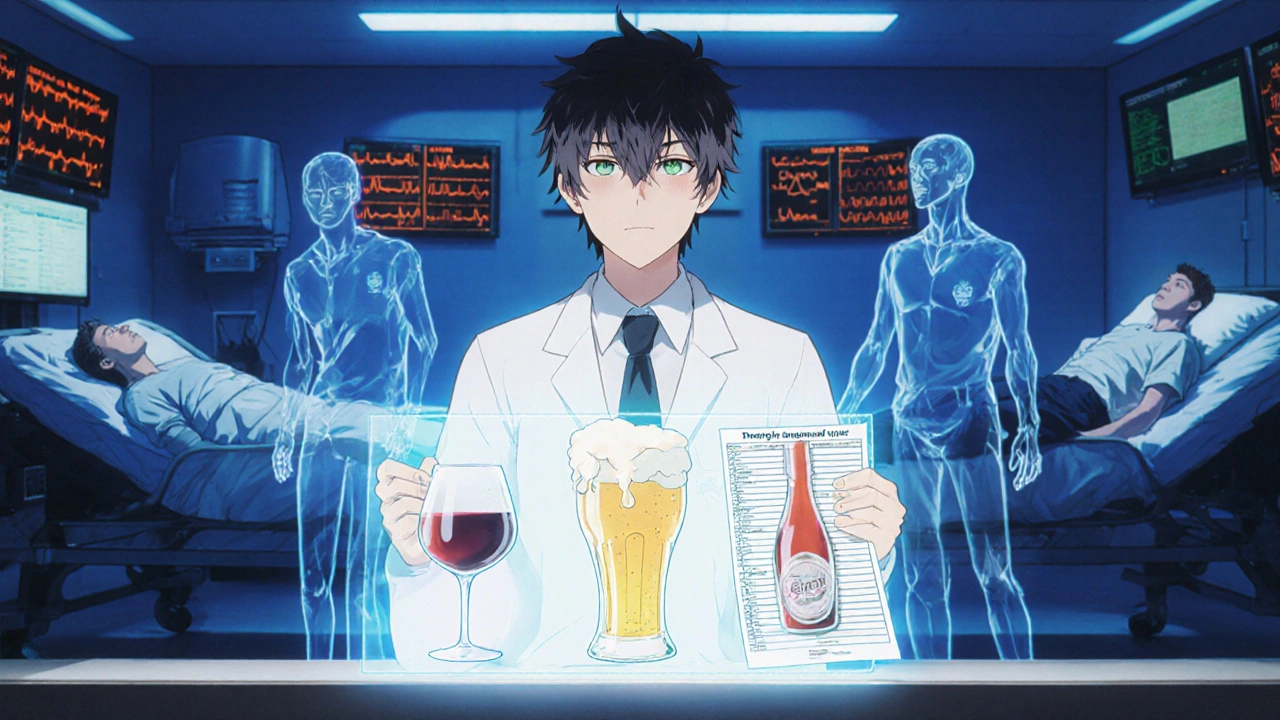 A pharmacist displays a holographic drink chart beside a patient’s medication list with ghostly ER figures in the background.