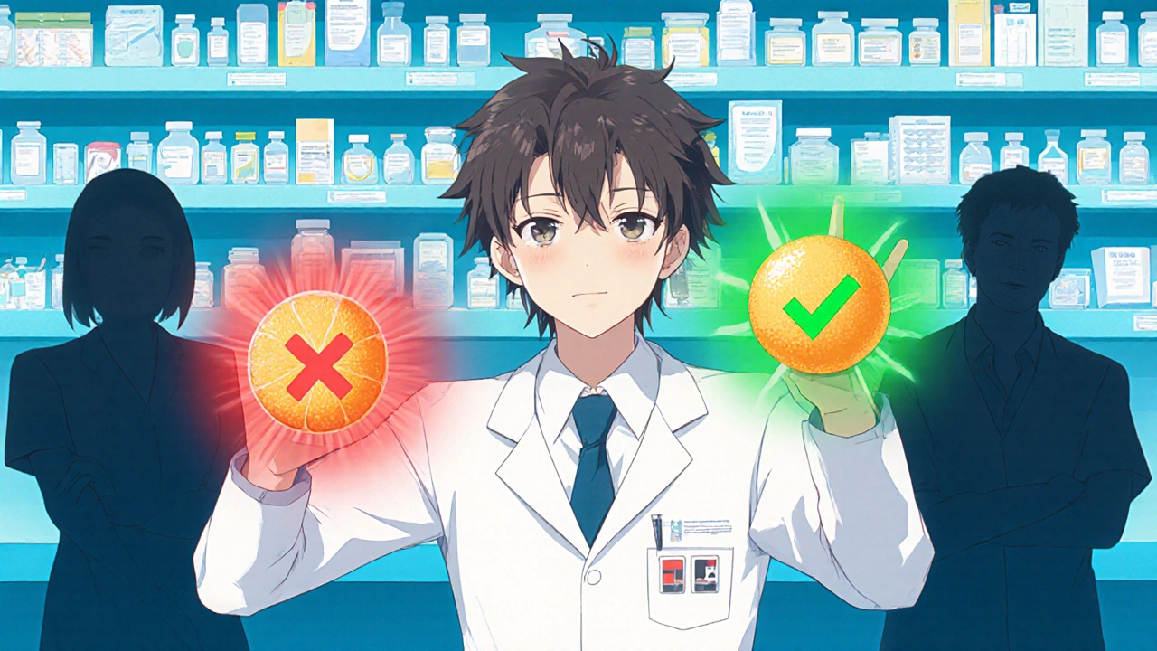 A pharmacist holding citrus fruits with warning symbols over grapefruit and Seville orange, green checkmark on sweet orange.
