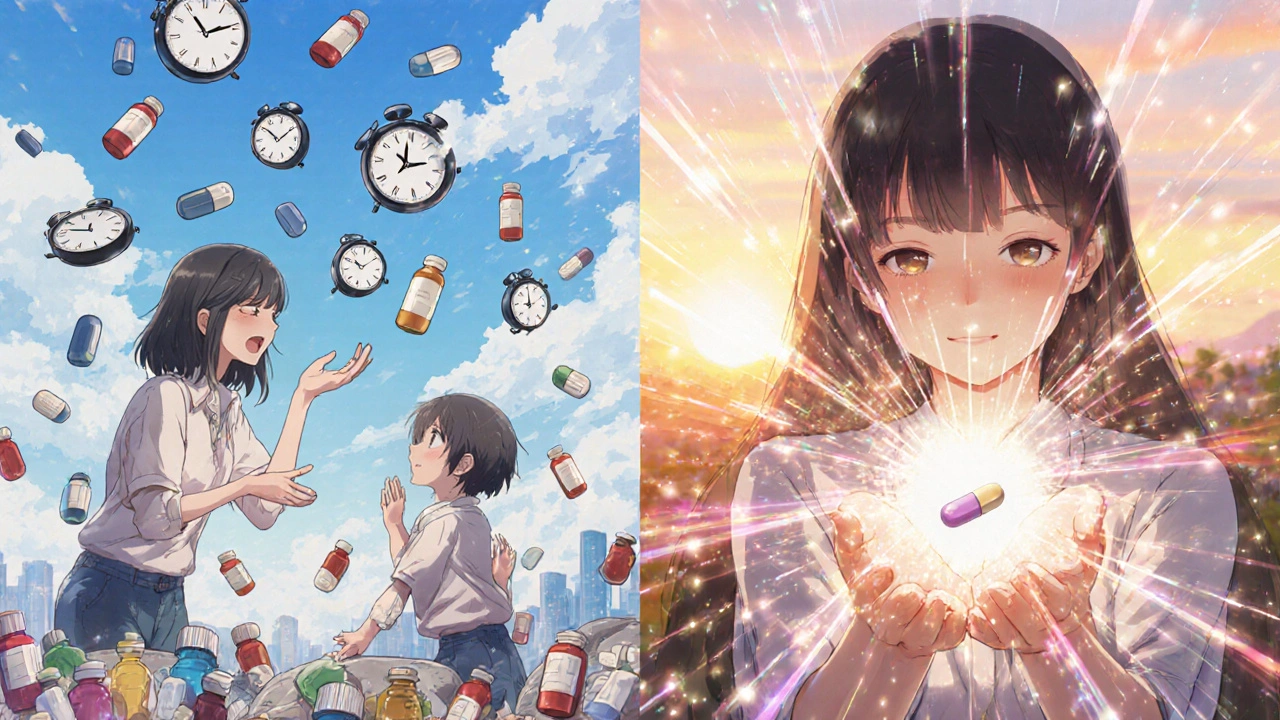 A woman comparing a chaotic multi-pill regimen to a peaceful single-dose treatment at sunrise.