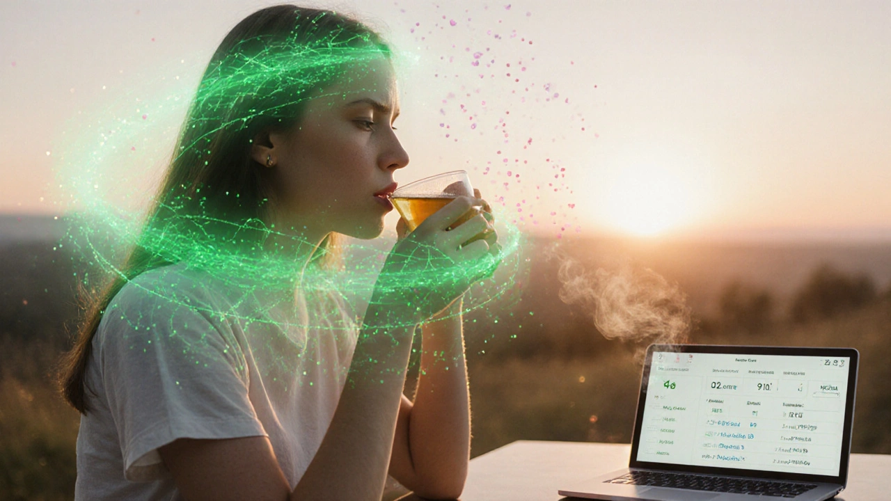 A woman drinking green tea with calming green aura, surrounded by health data on a journal.