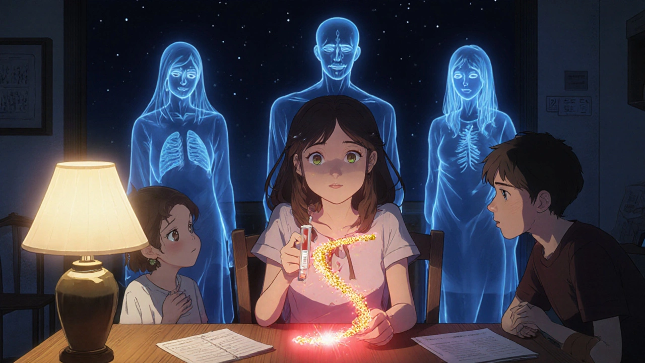 A woman holds a glowing urine test as ghostly misdiagnoses fade away, symbolizing the discovery of pheochromocytoma.