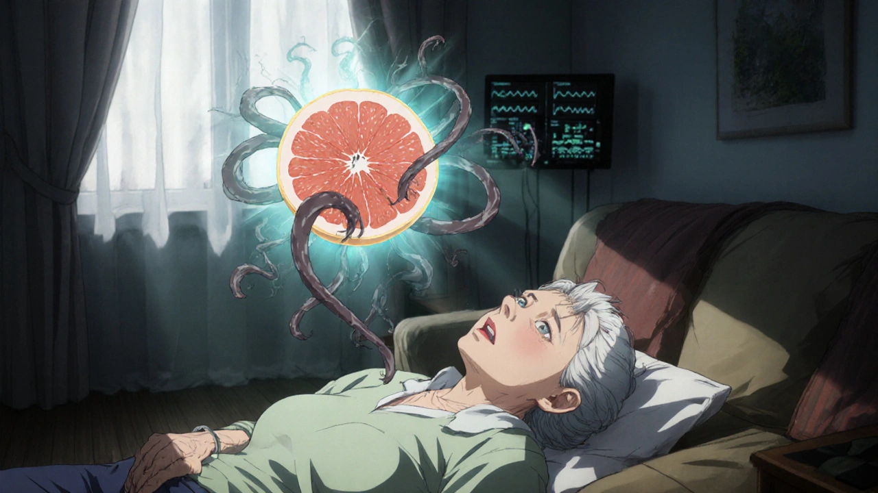 An elderly woman collapsing from dizziness as a glowing grapefruit emits dangerous energy around her.